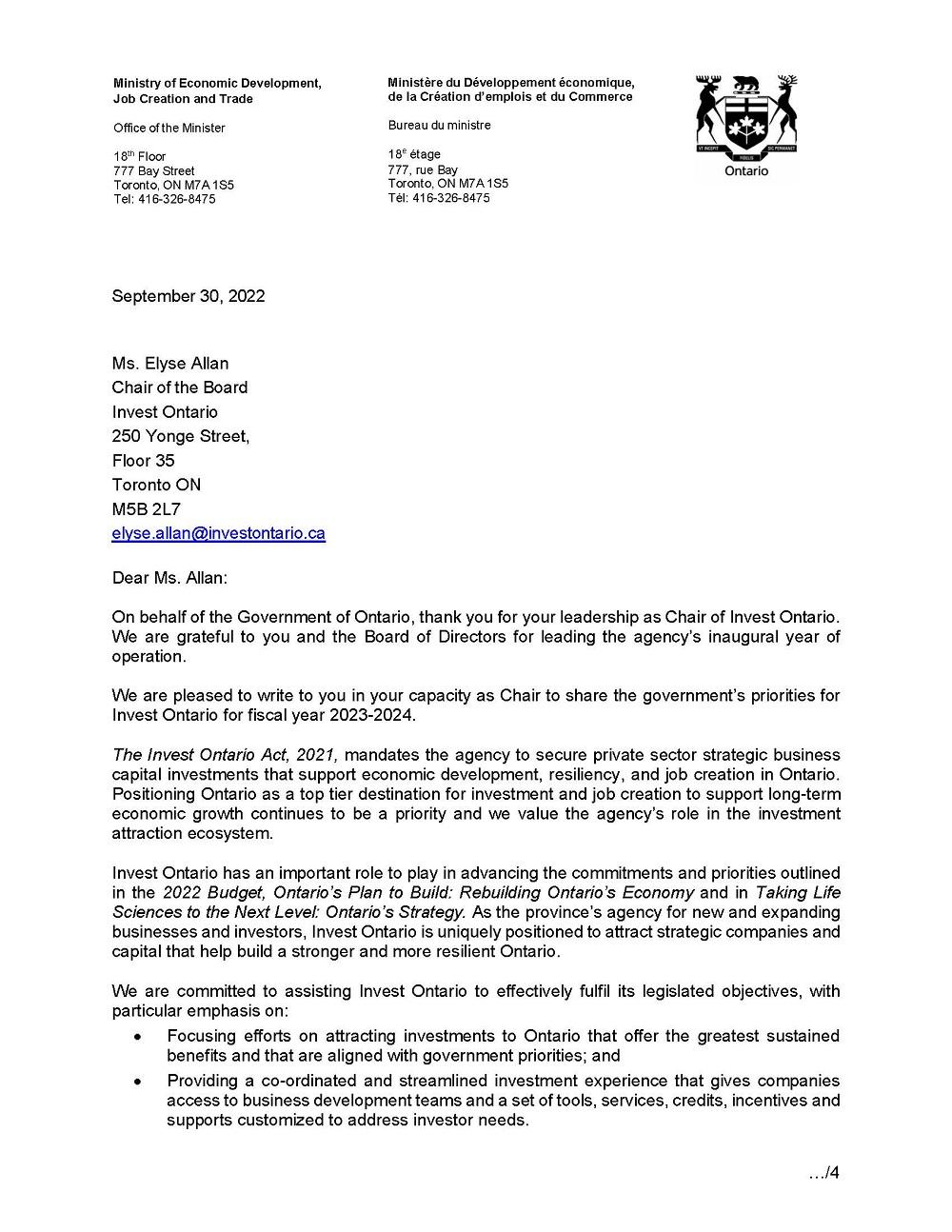 Invest Ontario Mandate Letter 2023-2024