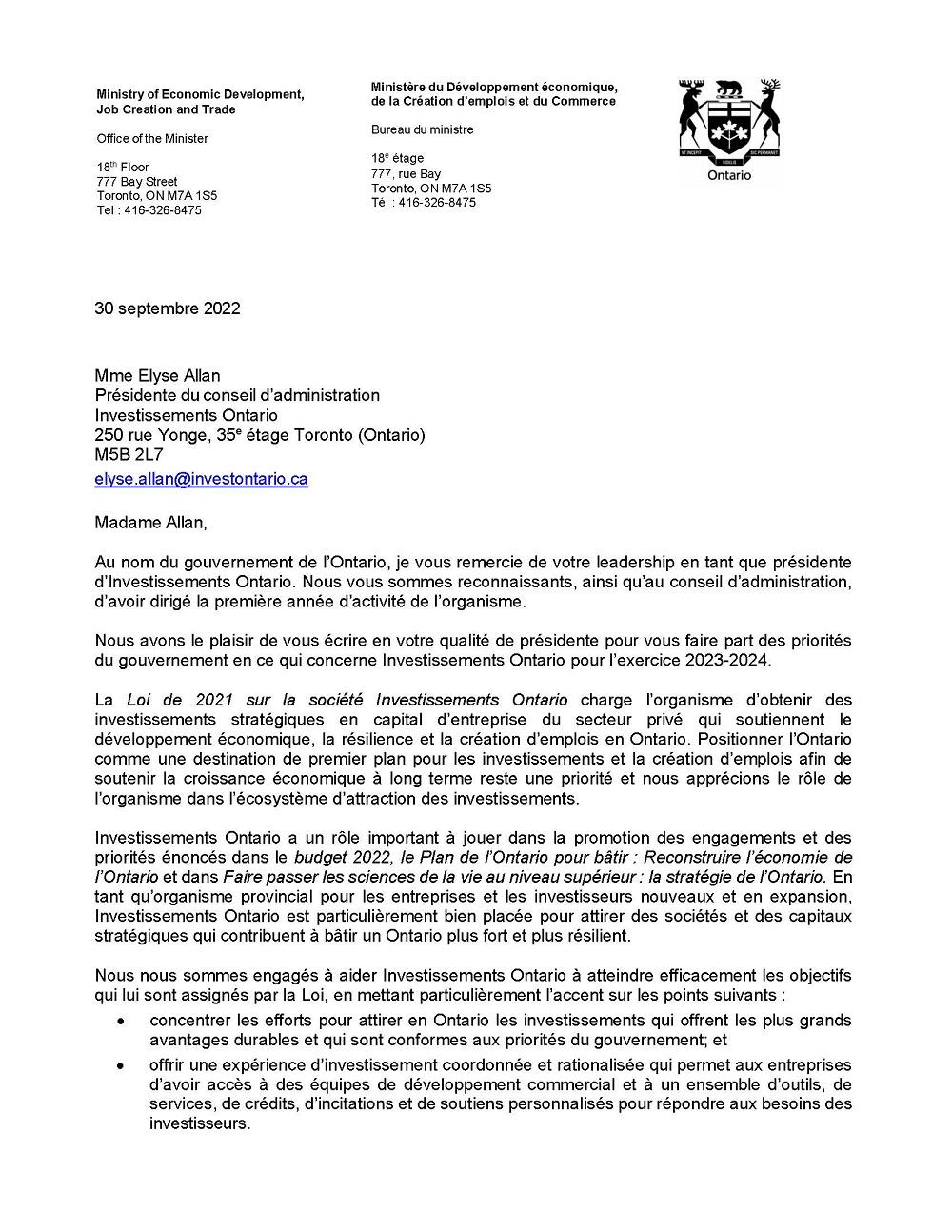 Lettre de mandat d’Investissements Ontario de 2023-2024